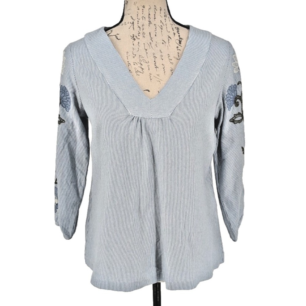 J. JILL Top Blouse  SIZE XS  White Blue Stripe  Cotton  Embroidery Prairie